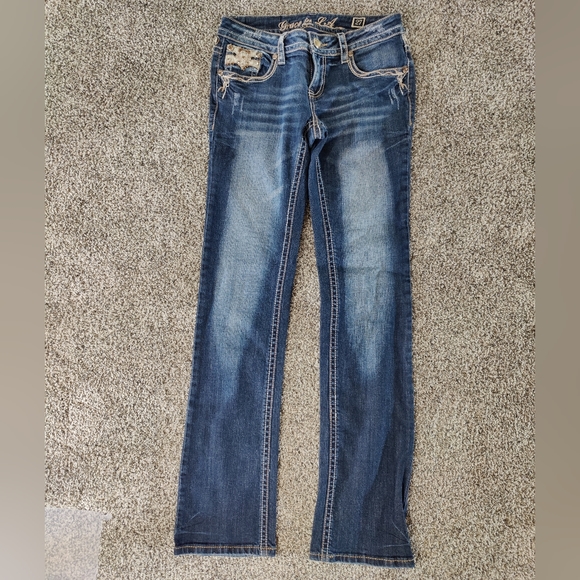 Grace In LA Jeans Sequin Slightly Distressed Boot Cut Blue Jeans Women's 27. - Picture 5 of 8